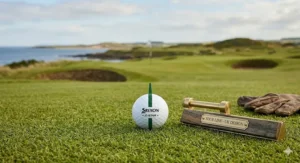 A tour-style golf ball with a green alignment line on a putting green, helping high handicappers with accuracy at a British golf club.