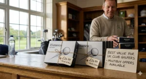 A photorealistic scene of bulk 12-pack distance golf balls on a wooden pro-shop counter in a British clubhouse with multibuy pricing for club golfers.