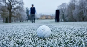 Photorealistic 4K ground-level close-up of a white soft feel golf ball covered in a delicate layer of frost, resting on a frosted British parkland fairway on a cold early winter morning.