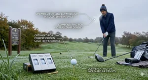 A photorealistic illustration of a golfer in British winter attire on a frost-covered UK golf course, demonstrating distance golf ball performance in cold, dense air.