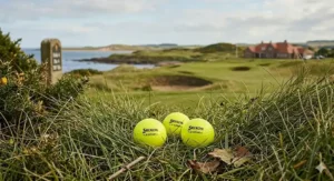 Three high-visibility yellow tour golf balls sitting in the thick grass of a British links course, ideal for overcast playing conditions.