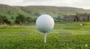Detailed view of a golf ball's aerodynamic dimple pattern designed to maintain a piercing flight path in windy UK weather conditions.