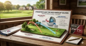 A box of affordable high handicap golf balls resting on a manicured British fairway with a golf club in the background.