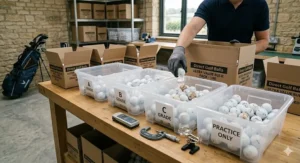 A robotic arm and automated inspection system scanning a golf ball marked with the Union Jack flag to confirm its quality grade inside a British bulk processing facility.