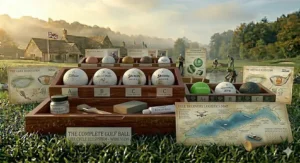 A mesh bag filled with premium-quality lake balls sitting next to a golf club bag on a fairway, ready for a round of golf.