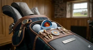 An indoor shot inside a traditional wood-panelled golf locker room, focusing on a premium leather and tartan plaid golf bag, with an open pocket displaying several pristine white golf balls alongside the signature multi-layered cross-section ball, wooden tees, and a luxury golf watch.