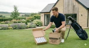 An automated inspection station in a golf workshop where high-tech cameras and digital displays verify the surface integrity and uniformity of premium grade bulk golf balls.