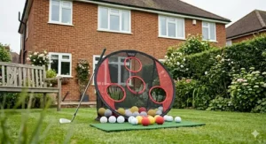 Red and yellow high-visibility practice golf balls scattered around a pop-up backyard chipping target net.