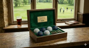 Alt text for image 5: A detailed view of the smaller, Stocking Filler edition wooden box from image_8.png, mounded on the aged oak clubhouse bar top with a full pint of ale and distant clubhouse/green, open to reveal its six specific balls with the unique festive plaque.