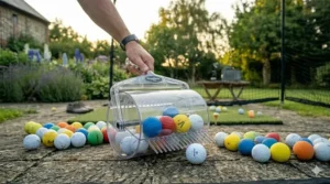 A person using a hand-held ball collector to gather white driving range golf balls from a green lawn after a home practice session.