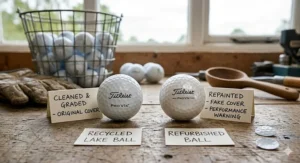 A detailed photorealistic 4K close-up photograph on a wooden workbench under natural light, comparing a cleaned and graded recycled lake ball (labelled 'ORIGINAL COVER') to a repainted refurbished golf ball (labelled 'FAKE COVER'), highlighting the visual and quality differences.