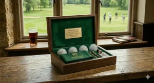 Alt text for image 6: A detailed view of the open wooden box containing the complete novelty set with the Union Jack towel, beer bottle, and colourful golf balls from image_12.png, mounded on the aged oak bar counter with a half-empty pint of ale and distant clubhouse/green.