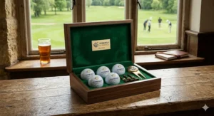 Alt text for image 2: A corporate golf ball gift box, similar to the one in image_2.png, mounded on the oak bar counter with a glass of ale and distant clubhouse/green, its lid open to showised golf balls with a distinct corporate logo and matching internal plaque branding.