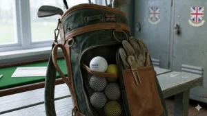 A selection of golf balls and accessories in a golfer's bag, representing equipment for a typical UK 20+ handicapper.