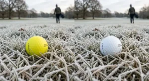 Alt text for image 5: A golfer easily spotting a matte yellow golf ball amongst fallen brown leaves on a wooded UK golf course.