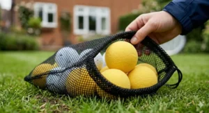 A hand squeezing a yellow soft foam practice golf ball, illustrating safe use for back garden training.