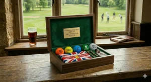Alt text for image 7: A detailed view of the open wooden box mounded on the aged oak bar counter with a half-empty pint of ale and distant clubhouse/green, containing the complete novelty set with the Union Jack towel, beer bottle, and colourful golf balls from image_12.png.