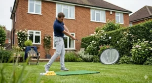 A golfer practicing their swing with a short-distance practice golf ball on a driving mat in a British back garden.