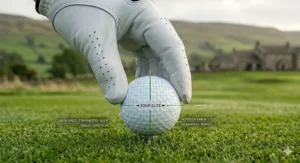 A premium golf ball with a minimalist alignment aid positioned on a putting green, used by low handicap players for better accuracy.