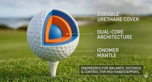 A diagram showing the internal core of a golf ball designed for moderate swing speeds typical of improving players.