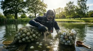 A detailed photorealistic photograph of a professional golf ball diver in a black wetsuit, submerged in a murky water hazard on a lush British golf course, actively retrieving algae-covered golf balls into a large mesh bag and a metal wire basket.