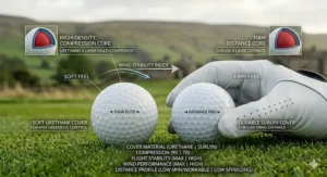 Illustration of a golf ball's stable trajectory against a coastal British links backdrop, highlighting performance for low handicappers in the wind.