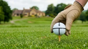 Close-up ground-level view of a white beginner golf ball with alignment lines coming to rest in the cup of a golf hole, demonstrating a successful putt on a putting green.