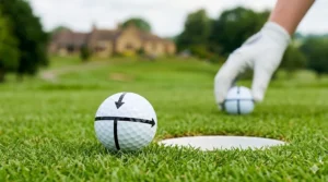 Macro photograph showing a high-visibility matte yellow golf ball and a transparent silicone alignment sleeve training aid resting together on the closely-mown fairway grass.