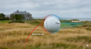 Diagram showing how low-spin golf balls reduce side-spin to correct a slice during flight.