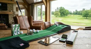 A large green and white double-canopy windproof golf umbrella standing open on a wet, grass fairway, an ideal practical golf gift under 50 pounds for British winters.