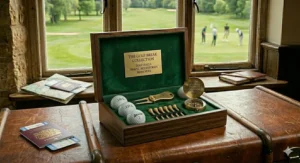 Alt text for image 9: A detailed view of the open wooden box containing the curated 'The Golf Break Collection' travel set with the compass, personalised balls, map, and passport from image_16.png, mounded on the polished leather travel trunk with natural light and distant clubhouse/green view.