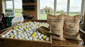 A classic dark green golf shag bag being filled with various bulk golf balls for short game chipping practice.
