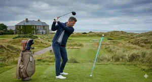 A British golfer hitting a straight drive down a narrow fairway at a UK links-style course.