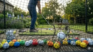 A golfer wearing a sweater taking a full swing at a driving range golf ball, set against a backdrop of a typical British garden.