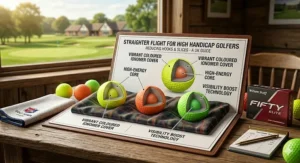 A diagram showing the straight flight path of a low-spin golf ball designed for high handicap players to reduce hooks and slices.