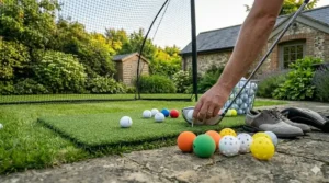 A close-up of a high-quality impact net designed for home use, catching a driving range golf ball.