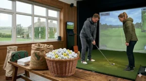 A modern indoor golf simulator studio in the UK with a large basket of bulk golf balls ready for winter swing practice.