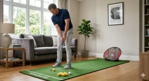 Safe indoor training session using soft foam practice golf balls on a small hitting mat inside a living room.