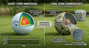 A photorealistic infographic diagram under natural daylight on a British golf course, comparing a cross-section of a short-term immersed golf ball to a long-term submerged ball, detailing minimal water absorption and challenging performance loss myths.