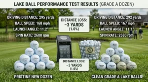 A photorealistic infographic on a British golf course fairway, under natural light, comparing the launch monitor data of driving distance, ball speed, and spin rate for pristine new golf balls and clean Grade A lake balls, showing a minimal performance gap.