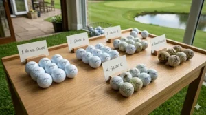 A detailed close-up photograph of five sorted groups of lake golf balls, clearly labelled on cards from left to right as Pearl Grade, Grade A, Grade B, Grade C, and Range/Discard, arranged on a wooden sorting table under natural light on a British golf clubhouse patio.