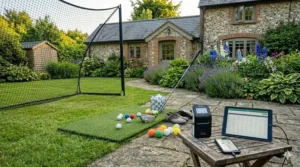 A modern launch monitor sitting next to a hitting mat, tracking the data of a driving range golf ball at a home practice station.