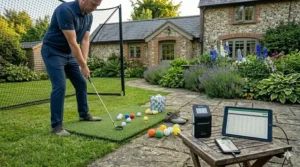 A selection of limited-flight yellow and white driving range golf balls, ideal for smaller home practice spaces in the UK.