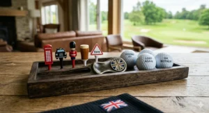 A folded navy blue men's technical golf quarter-zip pullover jumper displayed on a wooden bench, highlighting affordable golf clothing gifts under 50 pounds.