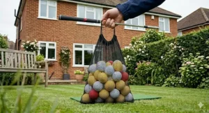 A black drawstring mesh storage bag filled with a mix of white and yellow practice golf balls for easy transport.