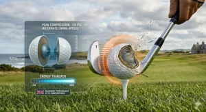 Illustration of a golf ball's flight path showing reduced side-spin to help improving golfers hit straighter drives.