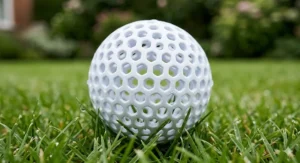Close-up of white plastic airflow practice golf balls with perforated holes, designed for restricted flight distance.
