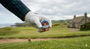 A detailed close-up of a hand wearing a white leather golf glove, holding up a golf ball that has been perfectly sliced in half, clearly displaying the multi-layered colourful core and premium outer urethane cover technology.