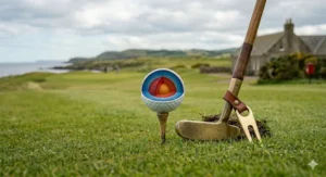 A macro shot focusing on the sliced golf ball core on its tee, positioned next to a classic brass blade putter with a leather strap looped onto the shaft, resting on the fine turf.