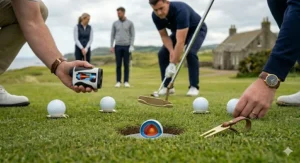 A low-angle group shot on a putting green of a coastal links course, showing four golfers interacting with precision alignment tools, including one holding a digital rangefinder with an internal schematic view and high-performance urethane balls.